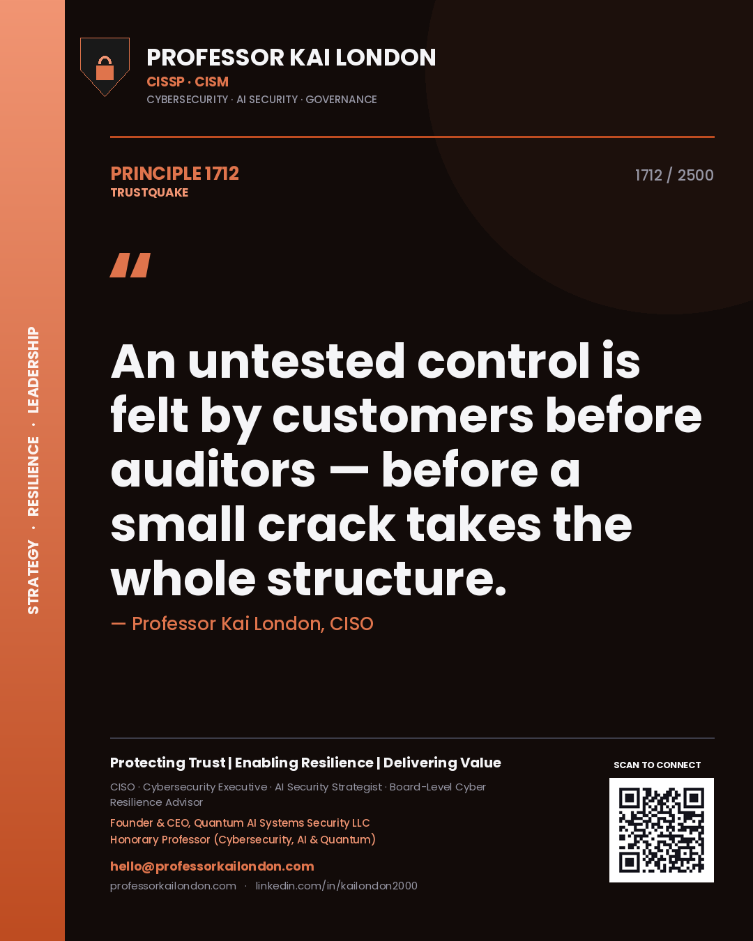 Quote card by Professor Kai London reading 'An untested control is felt by customers before auditors — before a small crack takes the whole structure.'. From the book Trustquake.