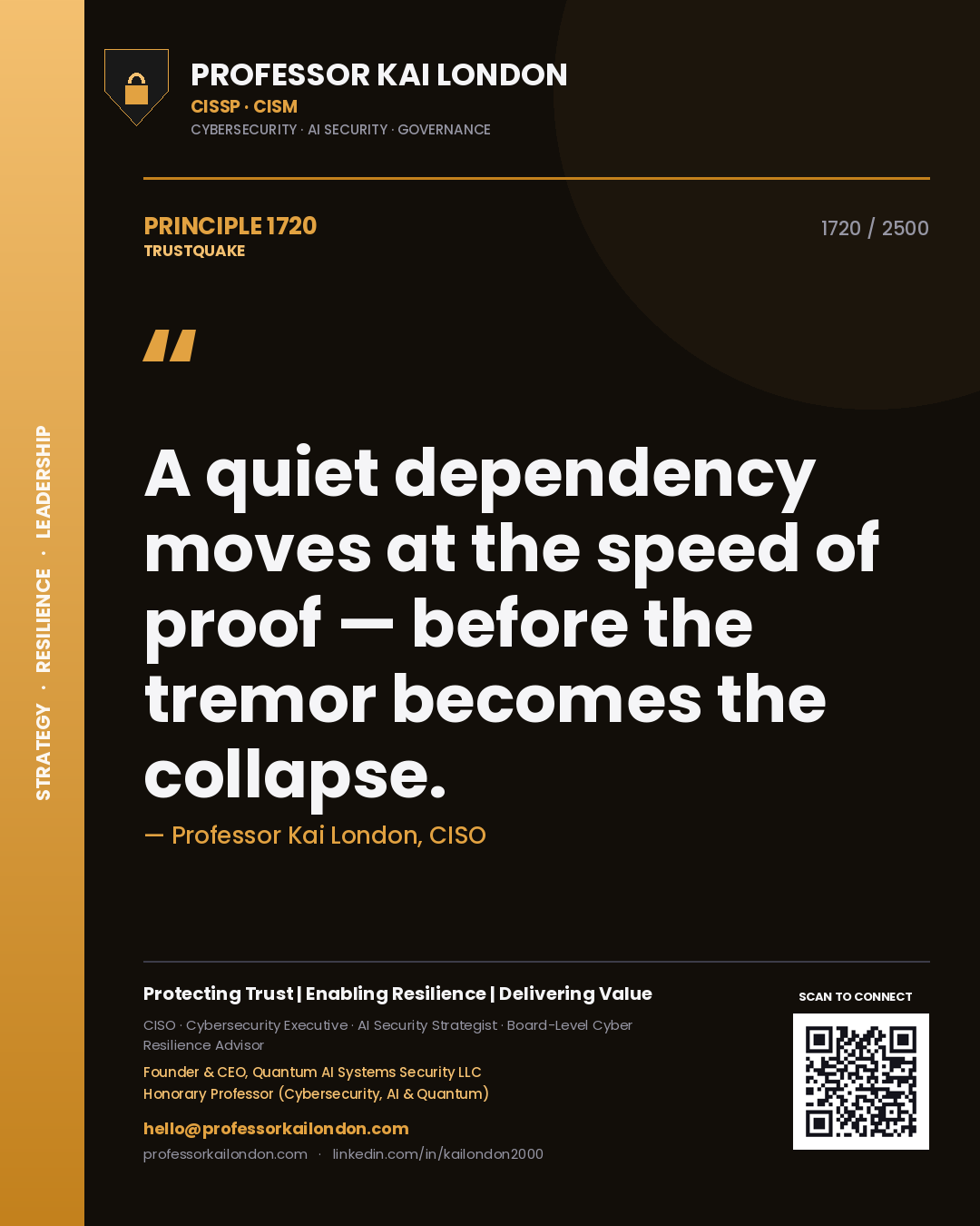 Quote card by Professor Kai London reading 'A quiet dependency moves at the speed of proof — before the tremor becomes the collapse.'. From the book Trustquake.