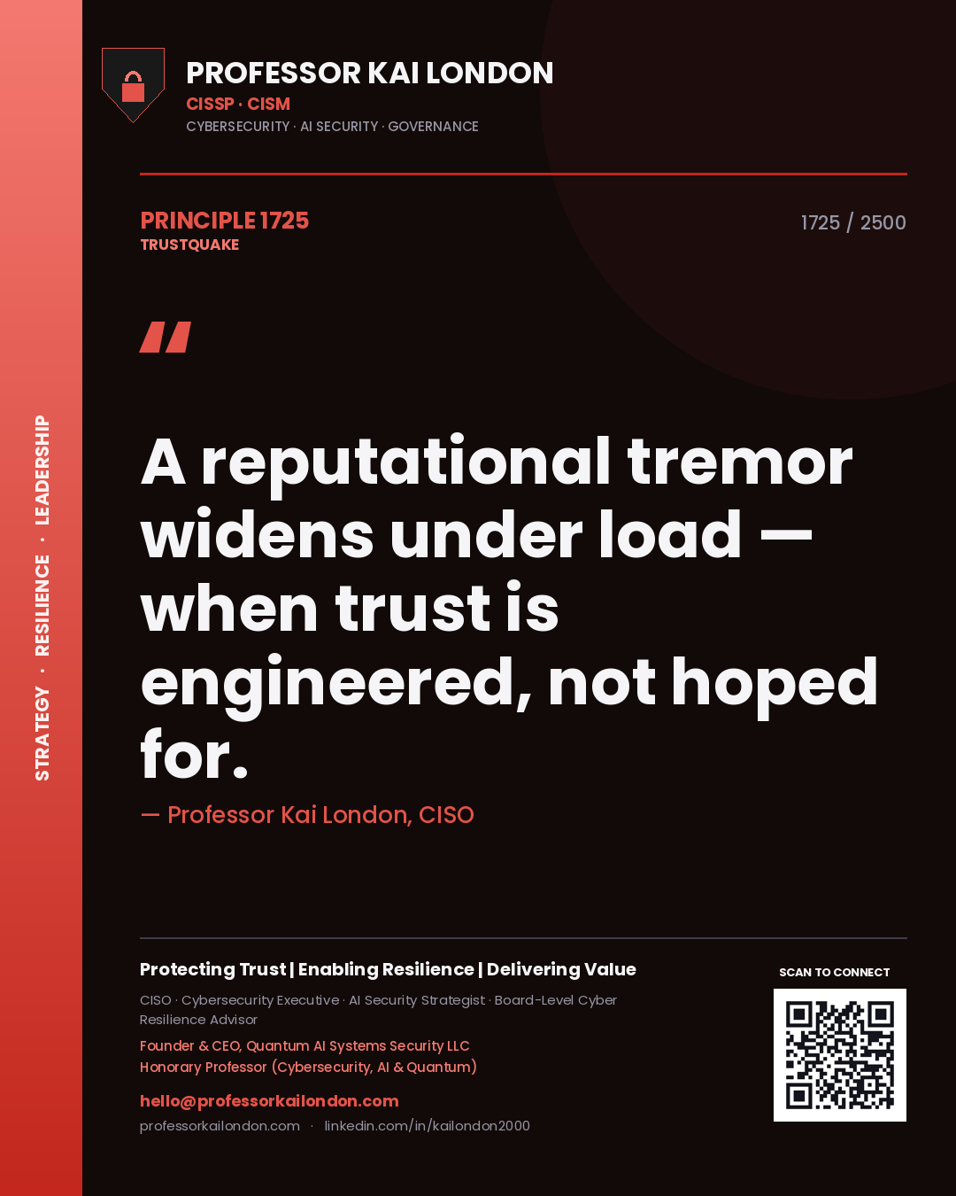 Quote card by Professor Kai London reading 'A reputational tremor widens under load — when trust is engineered, not hoped for.'. From the book Trustquake.