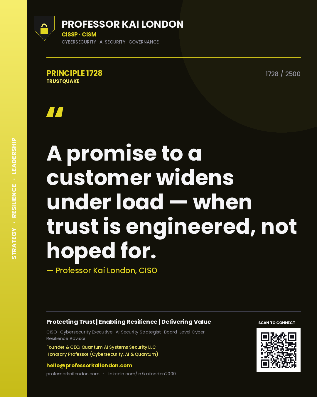 Professor Kai London principle 1728: A promise to a customer widens under load — when trust is engineered, not hoped for.