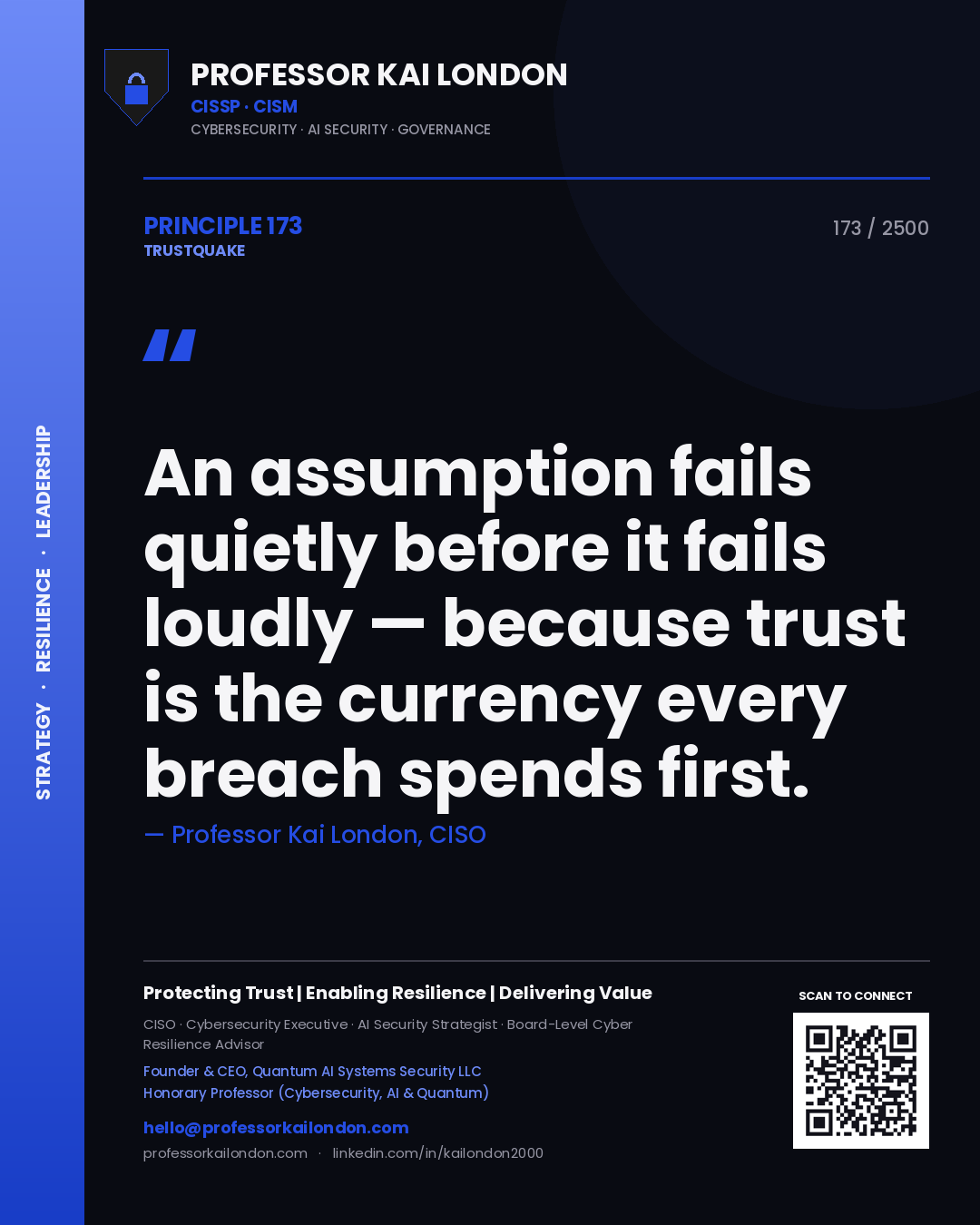 Quote card by Professor Kai London reading 'An assumption fails quietly before it fails loudly — because trust is the currency every breach spends first.'. From the book Trustquake.
