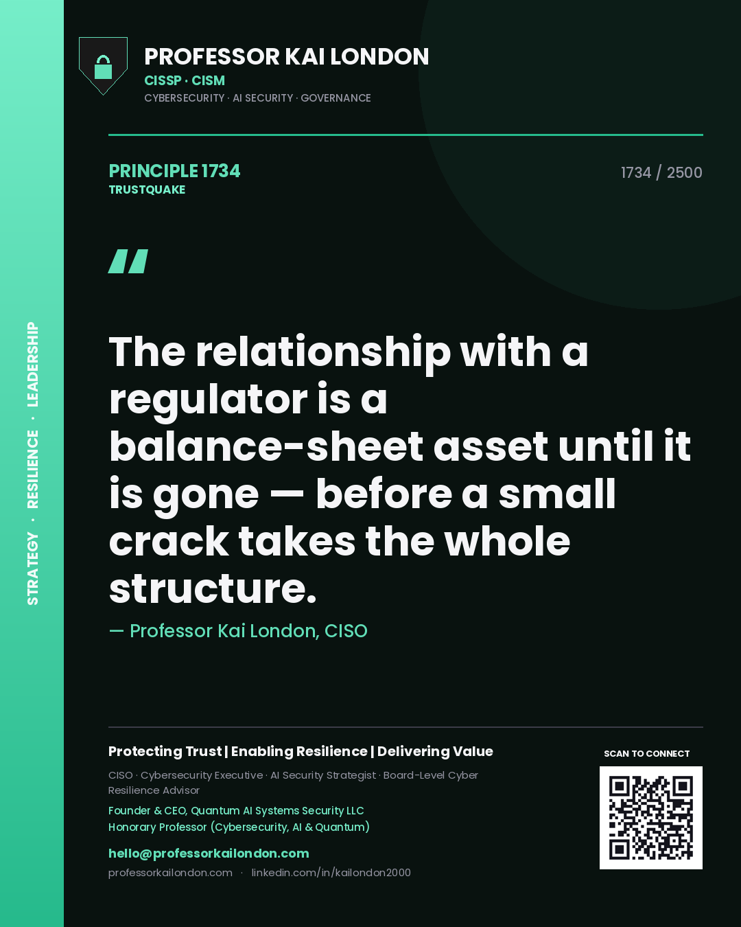 Quote card by Professor Kai London reading 'The relationship with a regulator is a balance-sheet asset until it is gone — before a small crack takes the whole structure.'. From the book Trustquake.