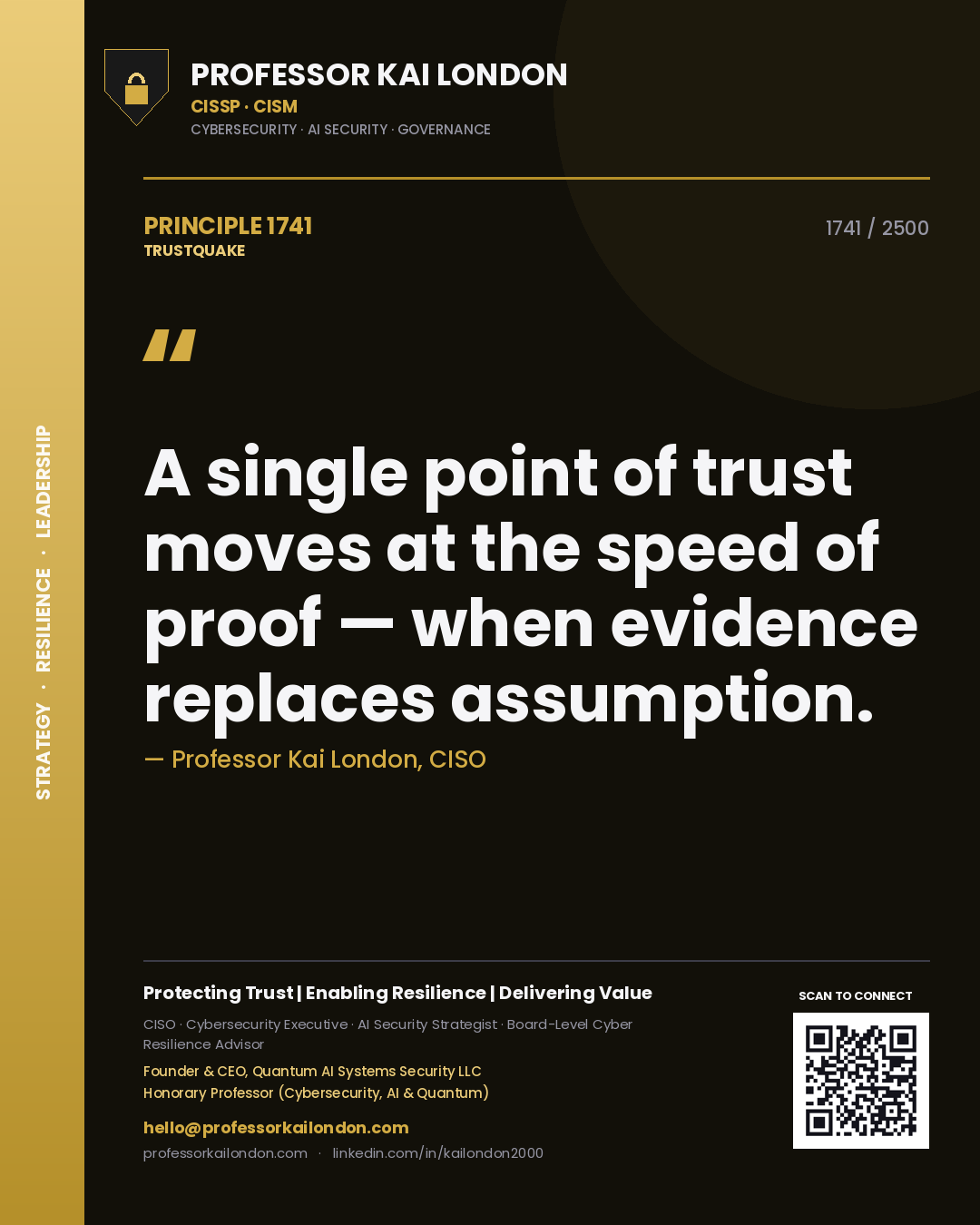 Professor Kai London principle 1741: A single point of trust moves at the speed of proof — when evidence replaces assumption.