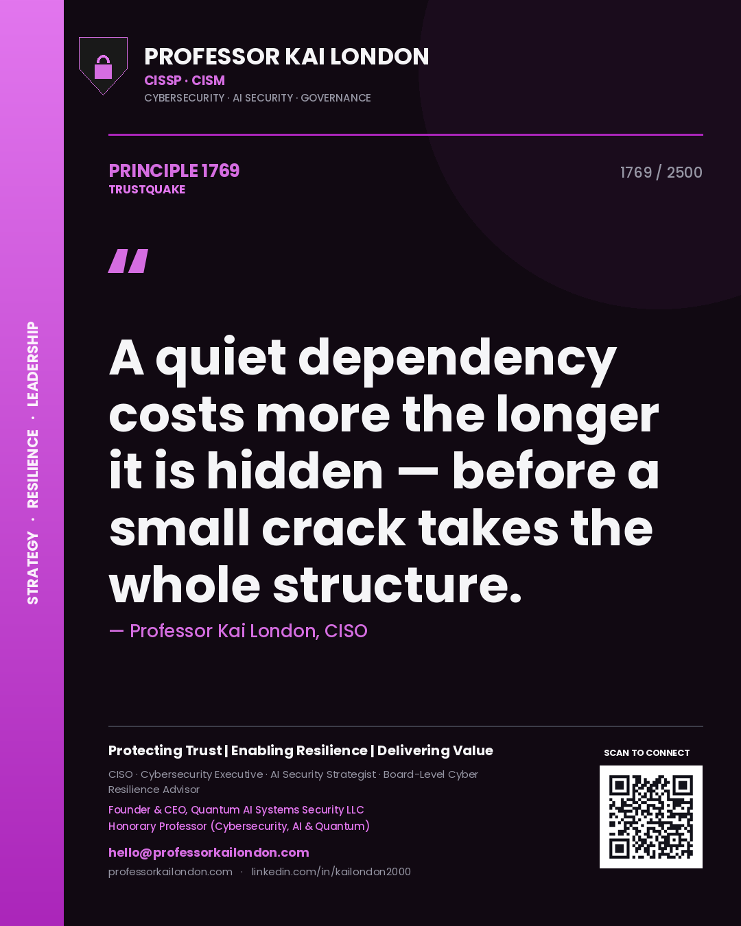 Quote card by Professor Kai London reading 'A quiet dependency costs more the longer it is hidden — before a small crack takes the whole structure.'. From the book Trustquake.