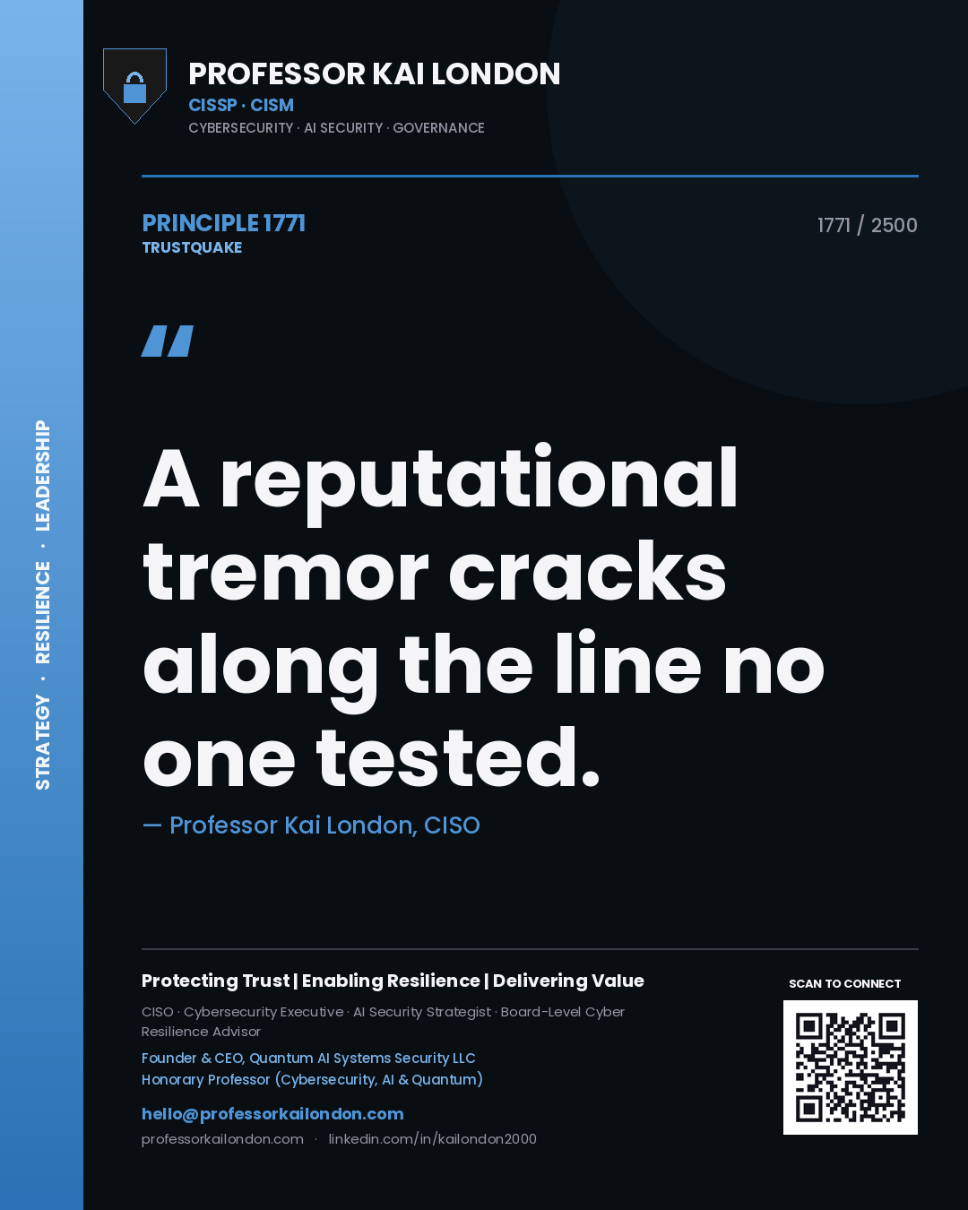 Quote card by Professor Kai London reading 'A reputational tremor cracks along the line no one tested.'. From the book Trustquake.