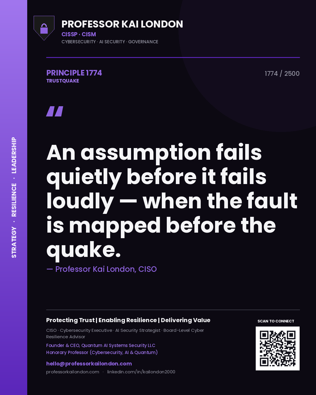 Quote card by Professor Kai London reading 'An assumption fails quietly before it fails loudly — when the fault is mapped before the quake.'. From the book Trustquake.