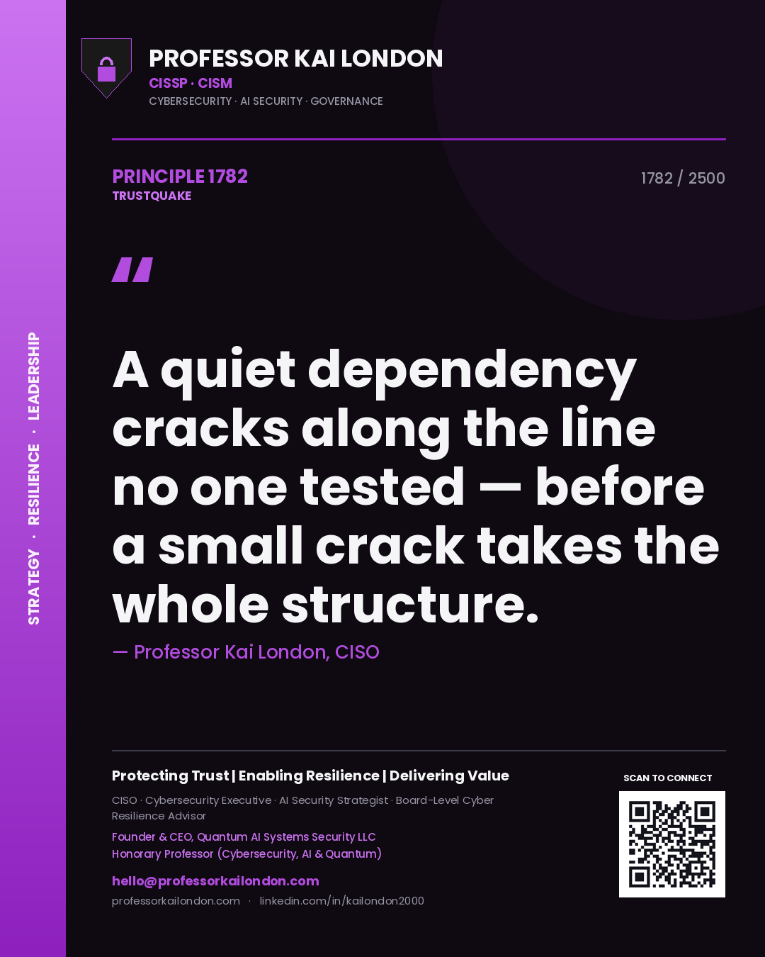 Quote card by Professor Kai London reading 'A quiet dependency cracks along the line no one tested — before a small crack takes the whole structure.'. From the book Trustquake.
