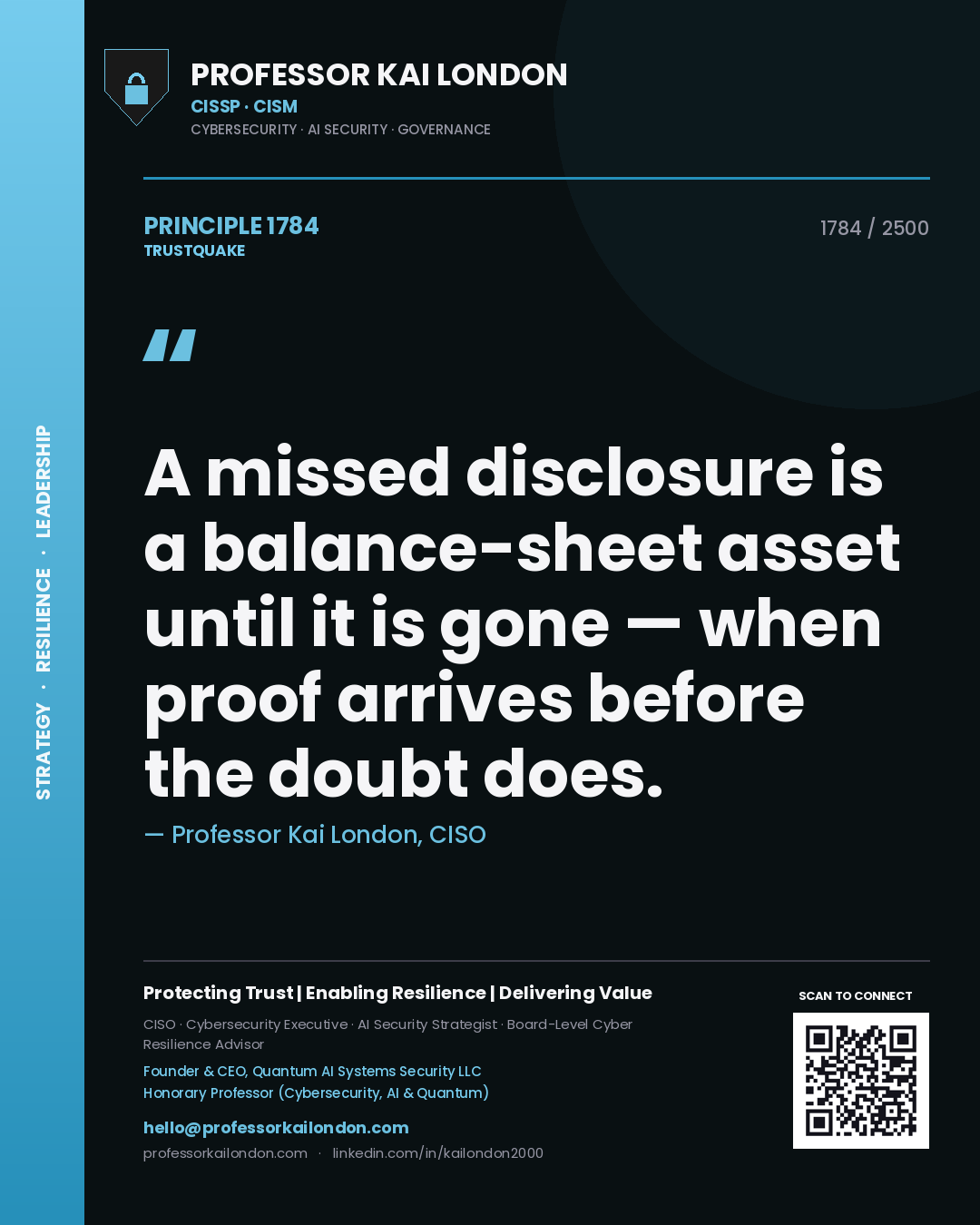 Quote card by Professor Kai London reading 'A missed disclosure is a balance-sheet asset until it is gone — when proof arrives before the doubt does.'. From the book Trustquake.