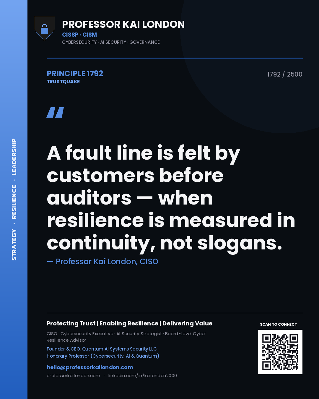 Quote card by Professor Kai London reading 'A fault line is felt by customers before auditors — when resilience is measured in continuity, not slogans.'. From the book Trustquake.