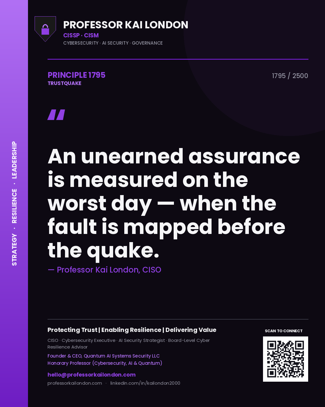 Quote card by Professor Kai London reading 'An unearned assurance is measured on the worst day — when the fault is mapped before the quake.'. From the book Trustquake.