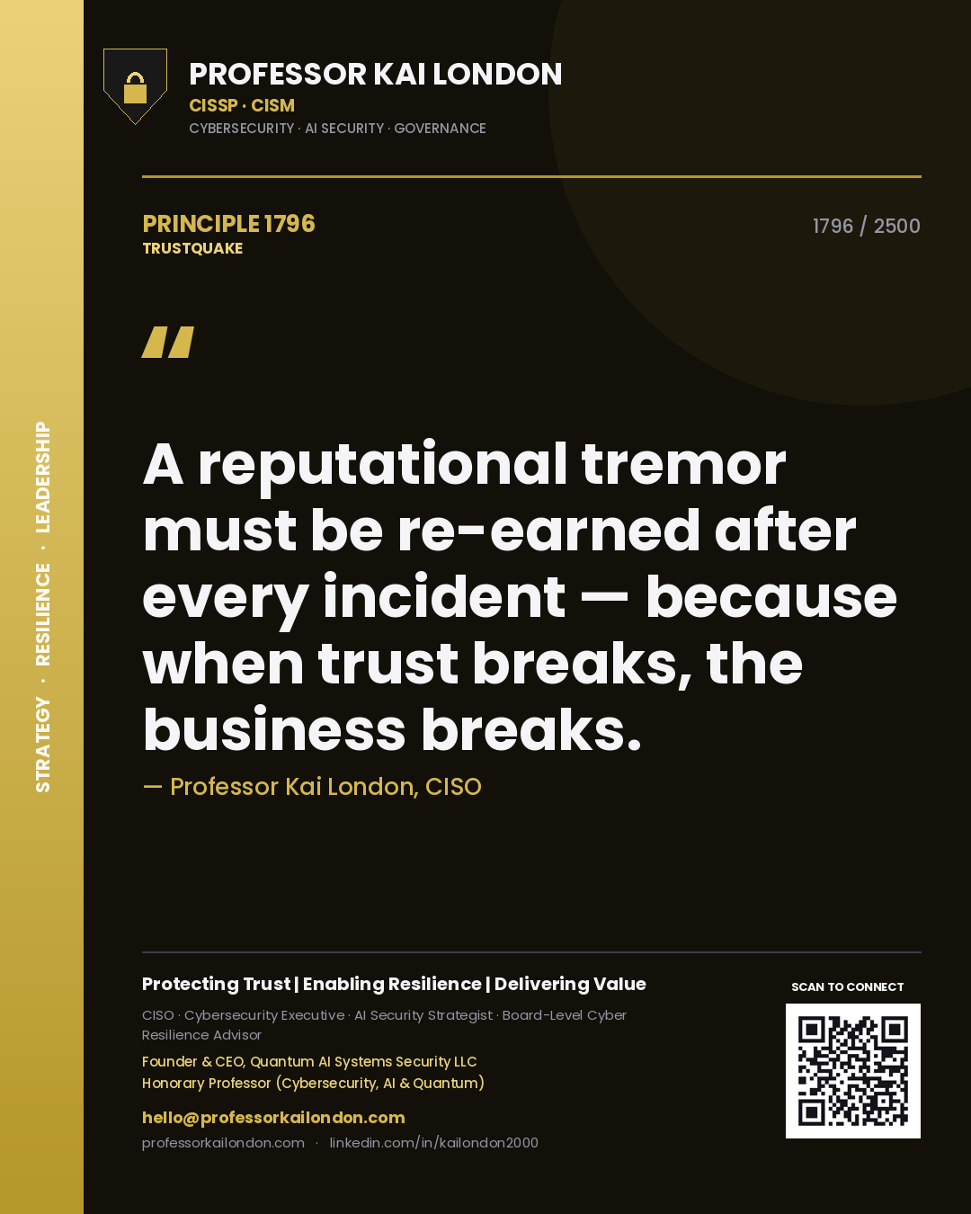 Quote card by Professor Kai London reading 'A reputational tremor must be re-earned after every incident — because when trust breaks, the business breaks.'. From the book Trustquake.