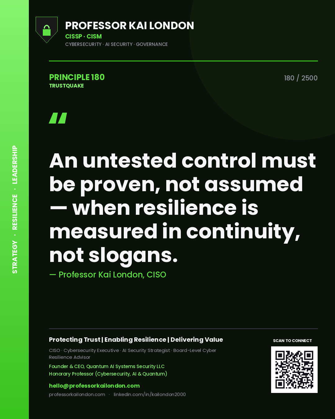 Professor Kai London principle 180: An untested control must be proven, not assumed — when resilience is measured in continuity, not slogans.