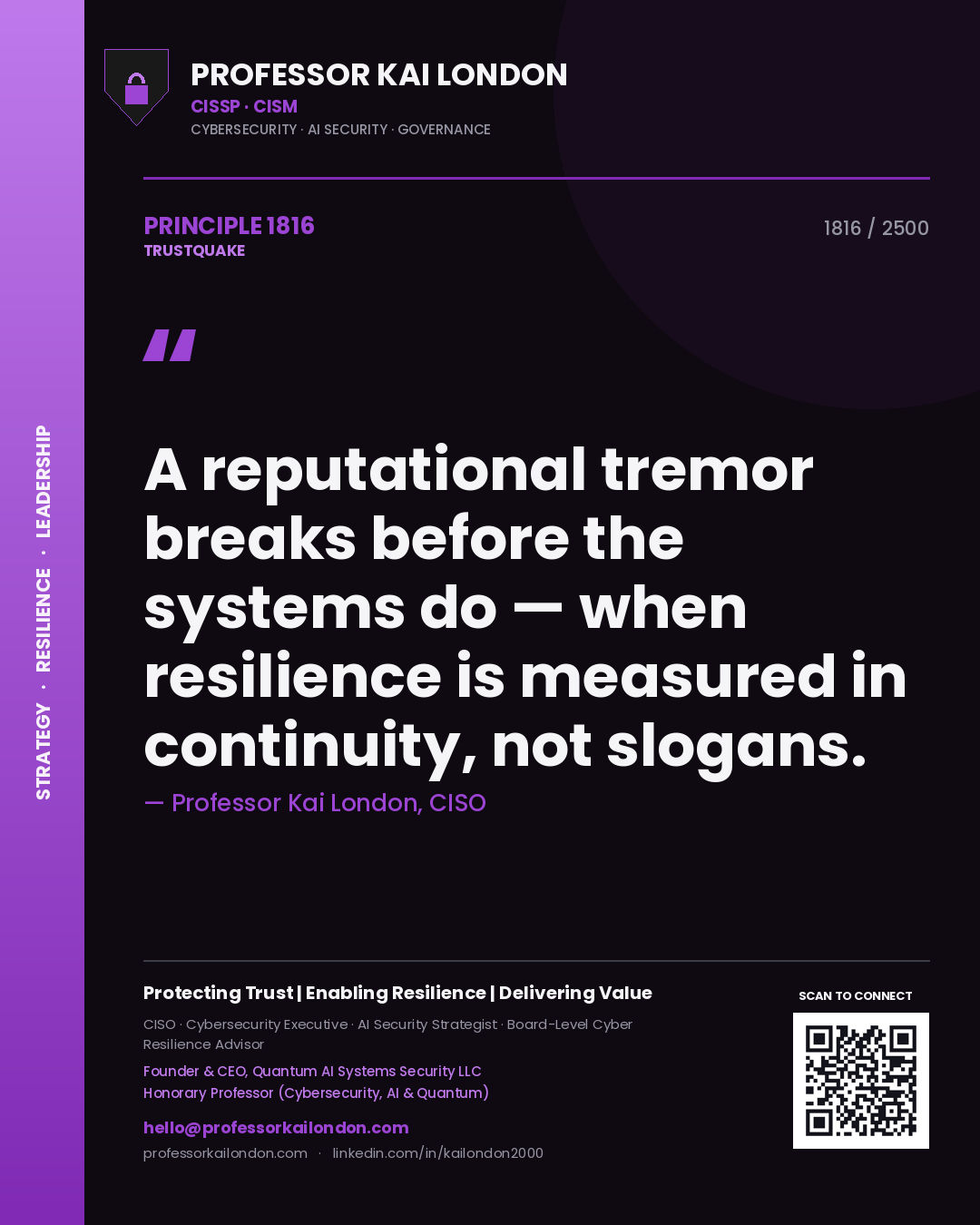 Professor Kai London principle 1816: A reputational tremor breaks before the systems do — when resilience is measured in continuity, not slogans.