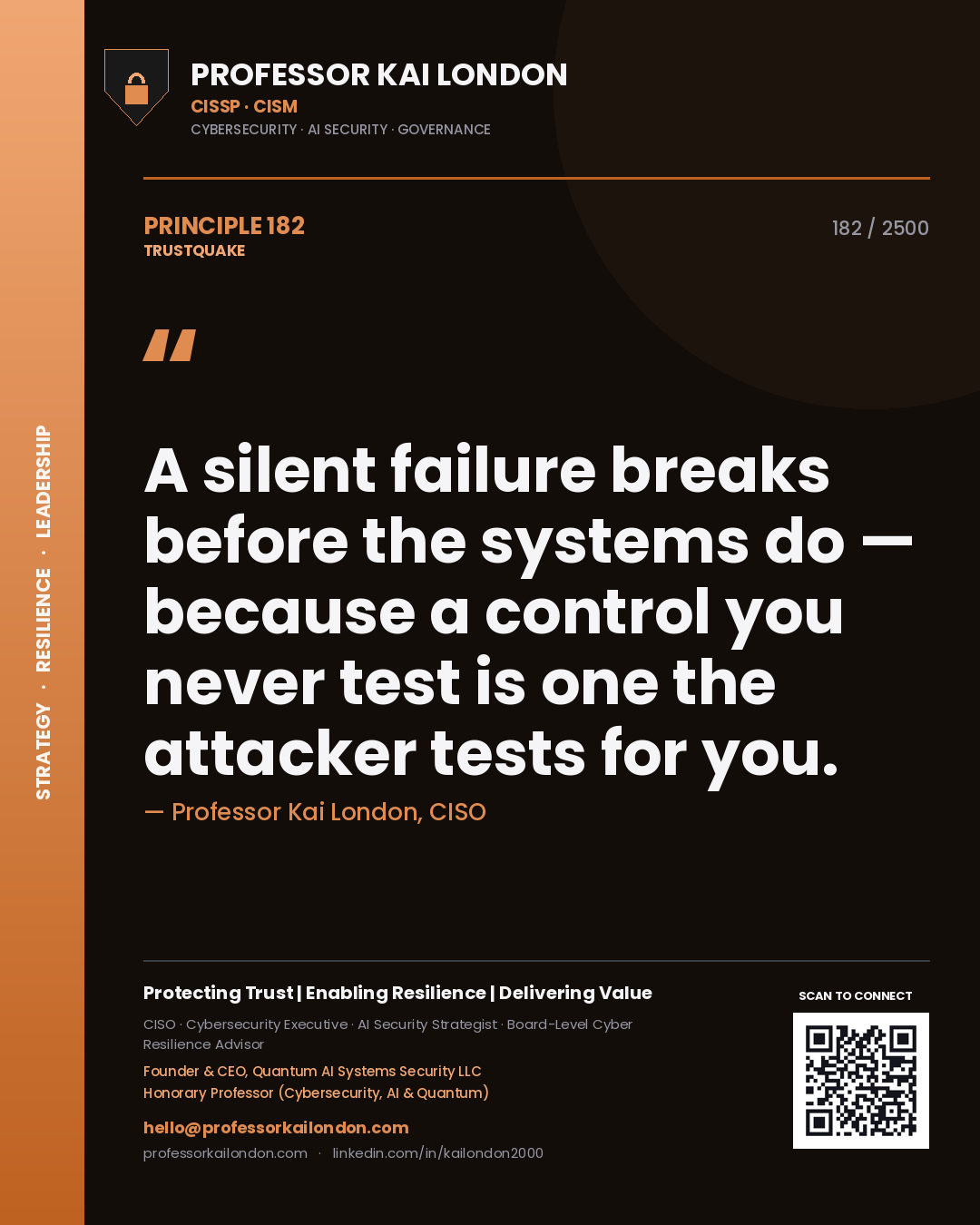 Quote card by Professor Kai London reading 'A silent failure breaks before the systems do — because a control you never test is one the attacker tests for you.'. From the book Trustquake.