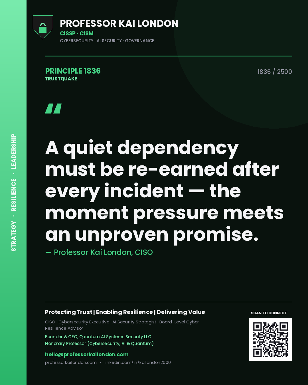 Quote card by Professor Kai London reading 'A quiet dependency must be re-earned after every incident — the moment pressure meets an unproven promise.'. From the book Trustquake.