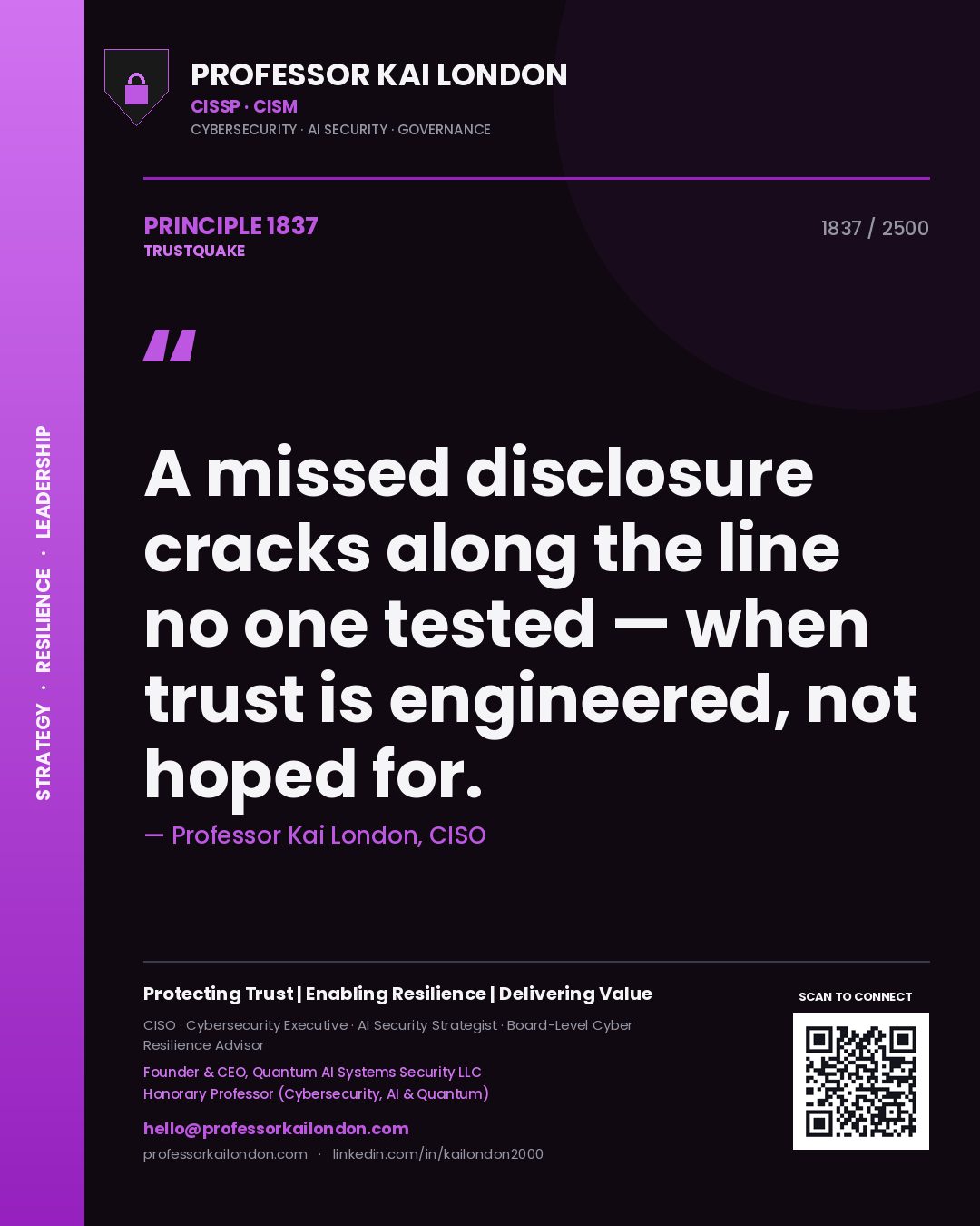 Quote card by Professor Kai London reading 'A missed disclosure cracks along the line no one tested — when trust is engineered, not hoped for.'. From the book Trustquake.
