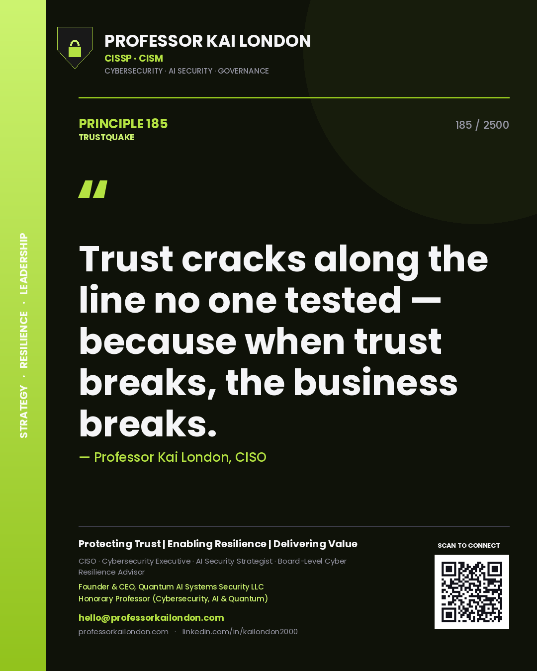 Quote card by Professor Kai London reading 'Trust cracks along the line no one tested — because when trust breaks, the business breaks.'. From the book Trustquake.