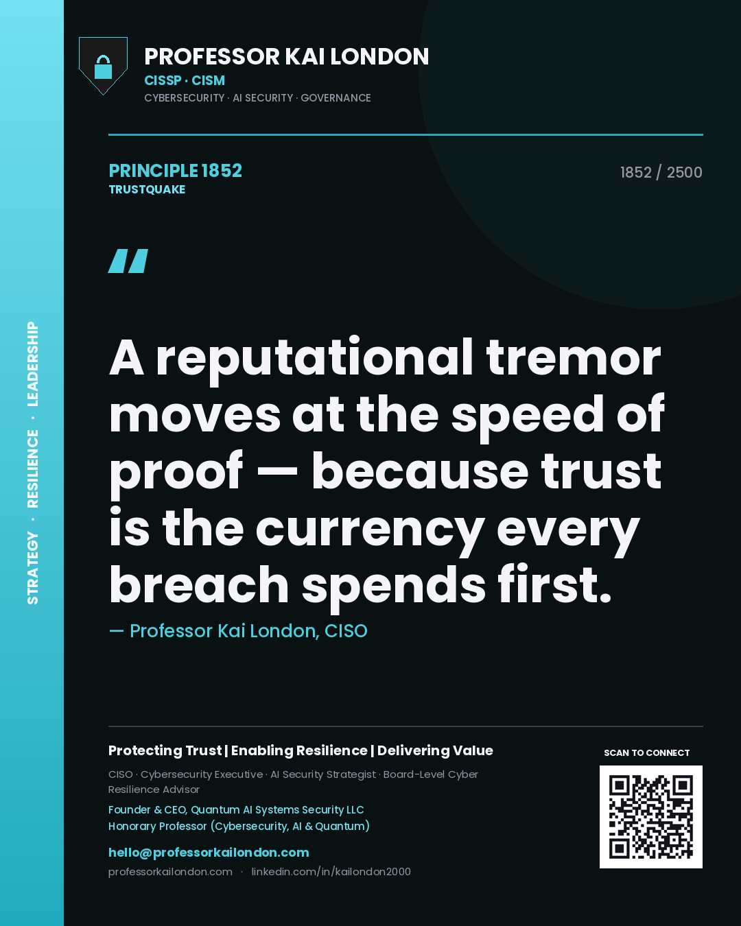 Professor Kai London principle 1852: A reputational tremor moves at the speed of proof — because trust is the currency every breach spends first.