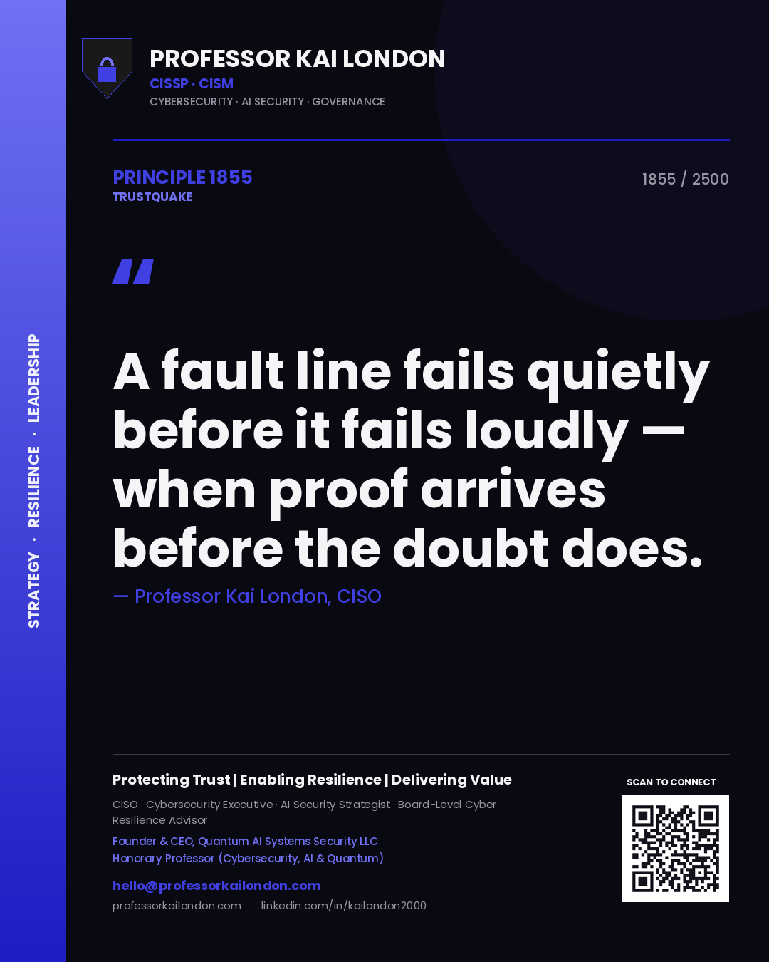 Quote card by Professor Kai London reading 'A fault line fails quietly before it fails loudly — when proof arrives before the doubt does.'. From the book Trustquake.