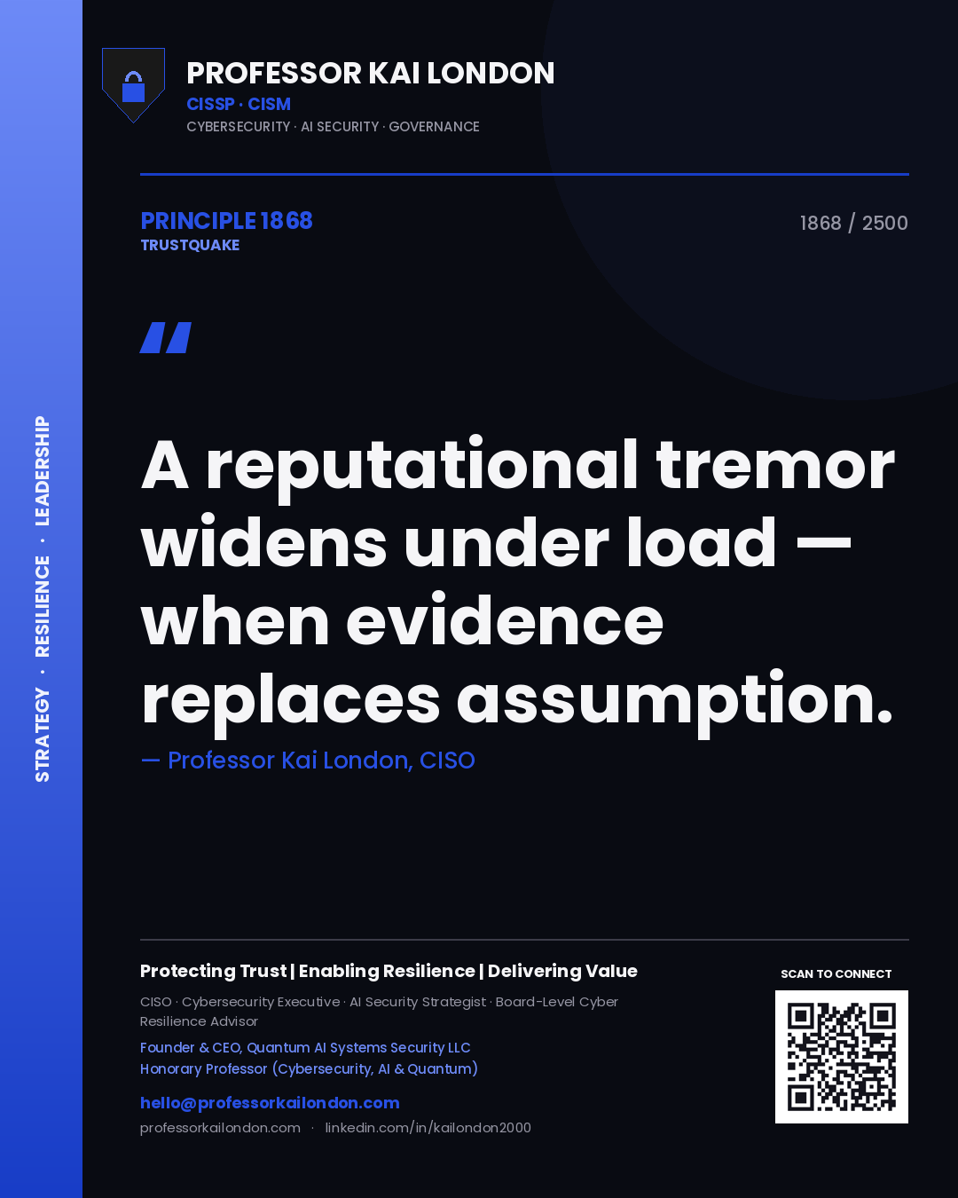 Quote card by Professor Kai London reading 'A reputational tremor widens under load — when evidence replaces assumption.'. From the book Trustquake.