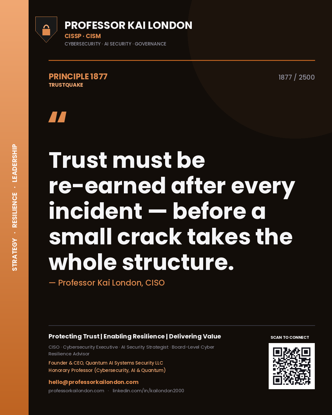 Quote card by Professor Kai London reading 'Trust must be re-earned after every incident — before a small crack takes the whole structure.'. From the book Trustquake.