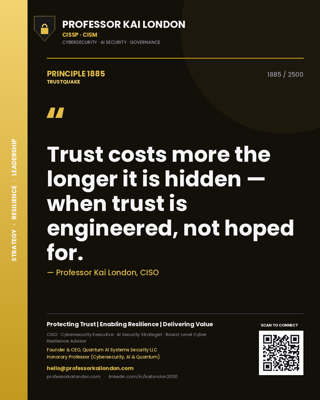 Professor Kai London principle 1885: Trust costs more the longer it is hidden — when trust is engineered, not hoped for.