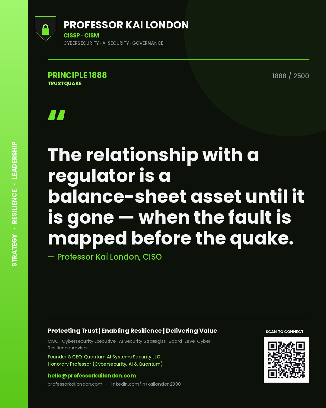 Professor Kai London principle 1888: The relationship with a regulator is a balance-sheet asset until it is gone — when the fault is mapped before the quake.