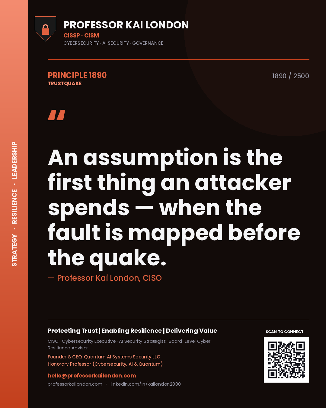 Quote card by Professor Kai London reading 'An assumption is the first thing an attacker spends — when the fault is mapped before the quake.'. From the book Trustquake.