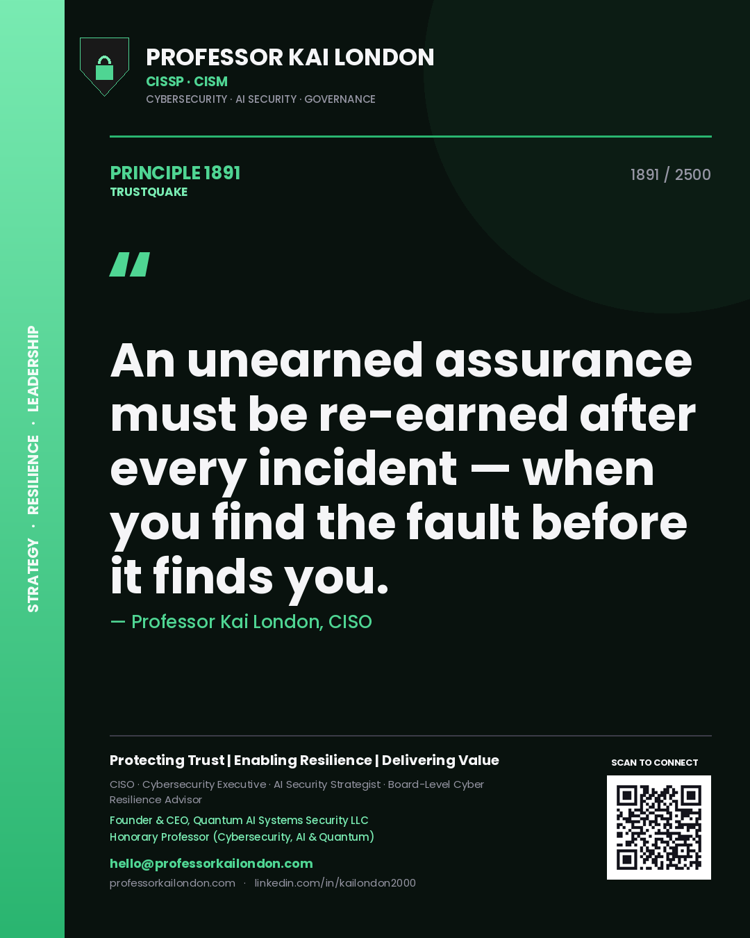 Professor Kai London principle 1891: An unearned assurance must be re-earned after every incident — when you find the fault before it finds you.