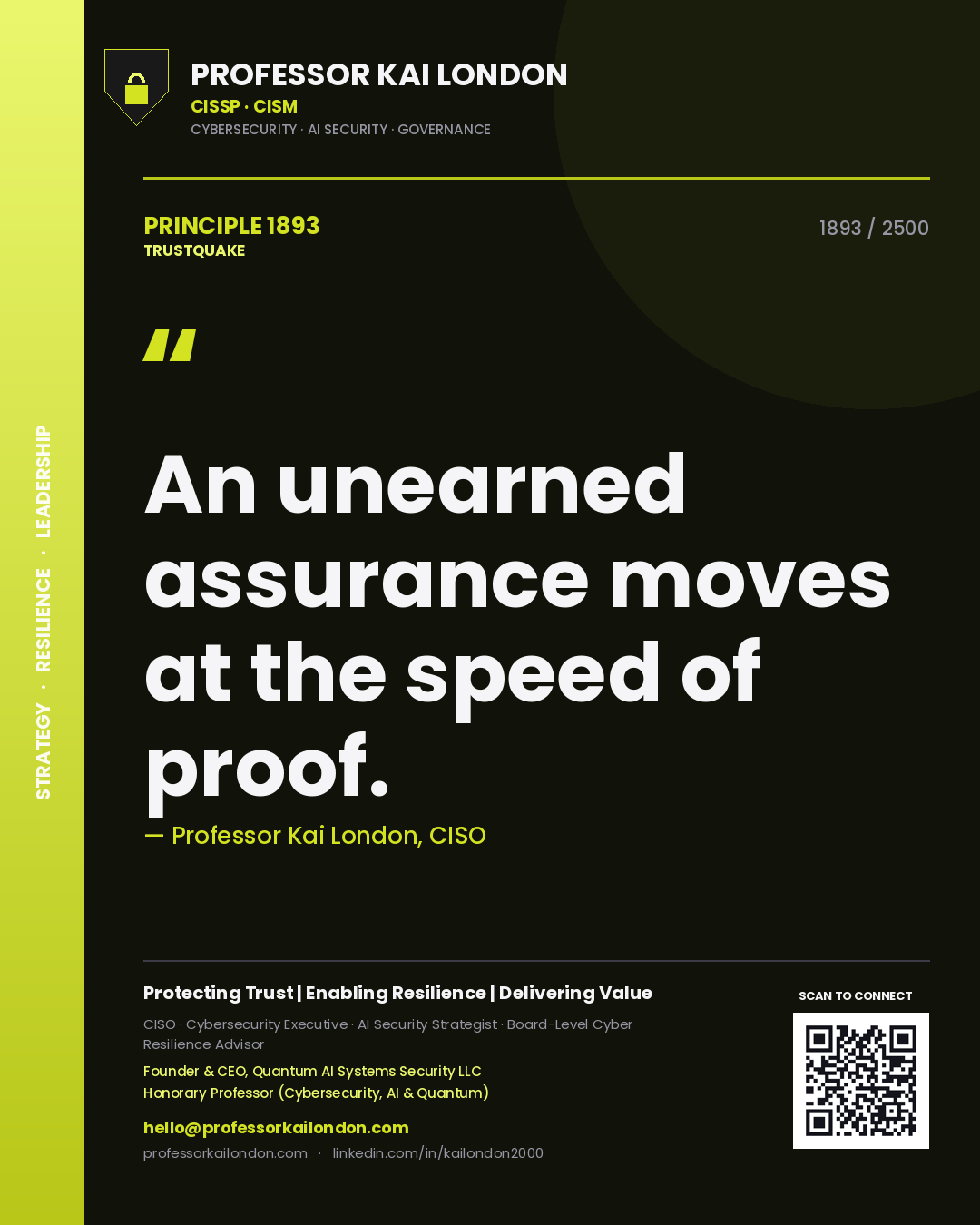 Quote card by Professor Kai London reading 'An unearned assurance moves at the speed of proof.'. From the book Trustquake.