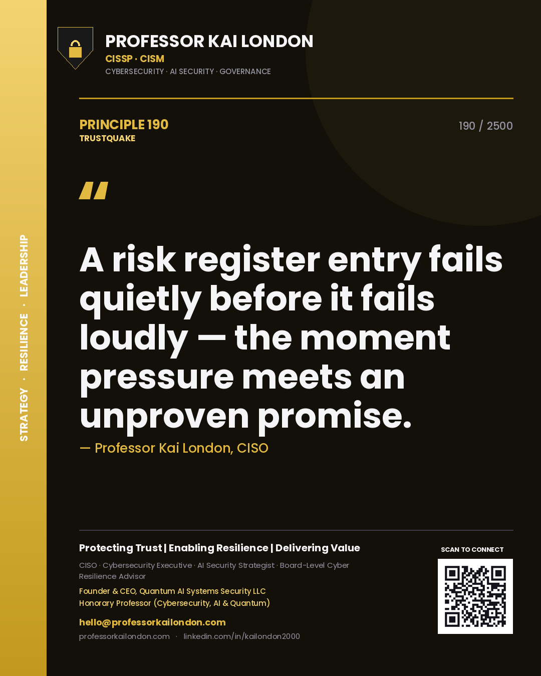 Professor Kai London principle 190: A risk register entry fails quietly before it fails loudly — the moment pressure meets an unproven promise.