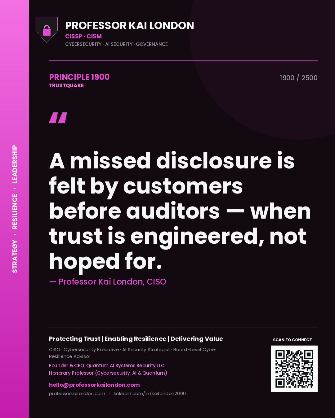 Professor Kai London principle 1900: A missed disclosure is felt by customers before auditors — when trust is engineered, not hoped for.