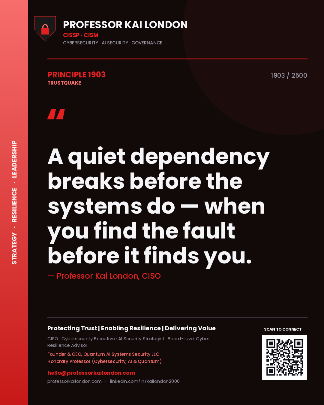 Quote card by Professor Kai London reading 'A quiet dependency breaks before the systems do — when you find the fault before it finds you.'. From the book Trustquake.