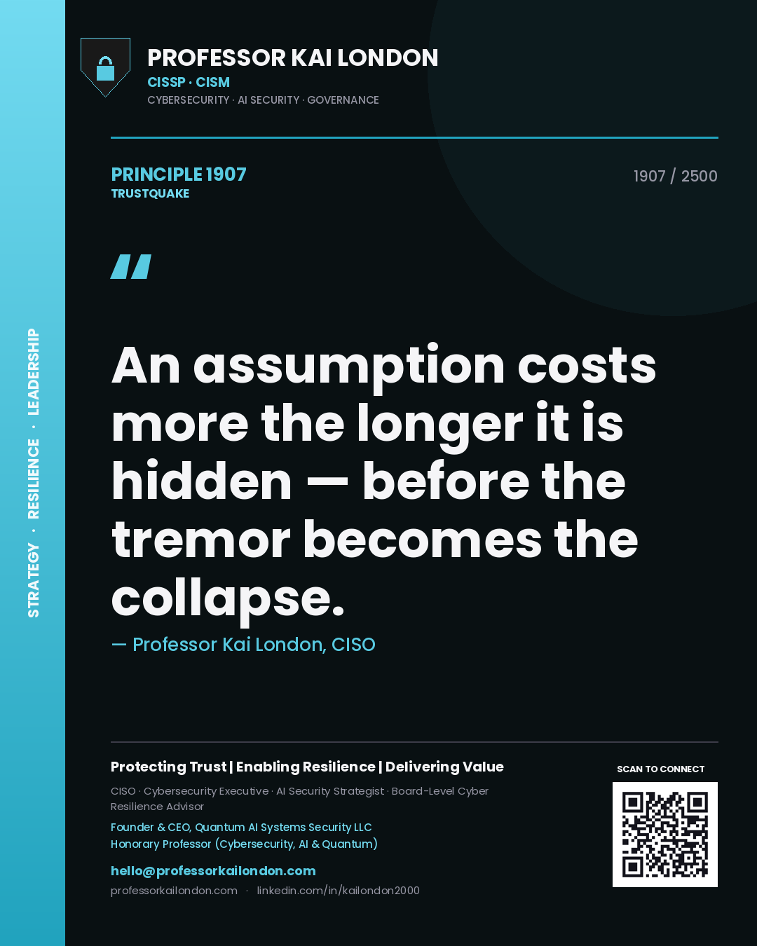 Quote card by Professor Kai London reading 'An assumption costs more the longer it is hidden — before the tremor becomes the collapse.'. From the book Trustquake.