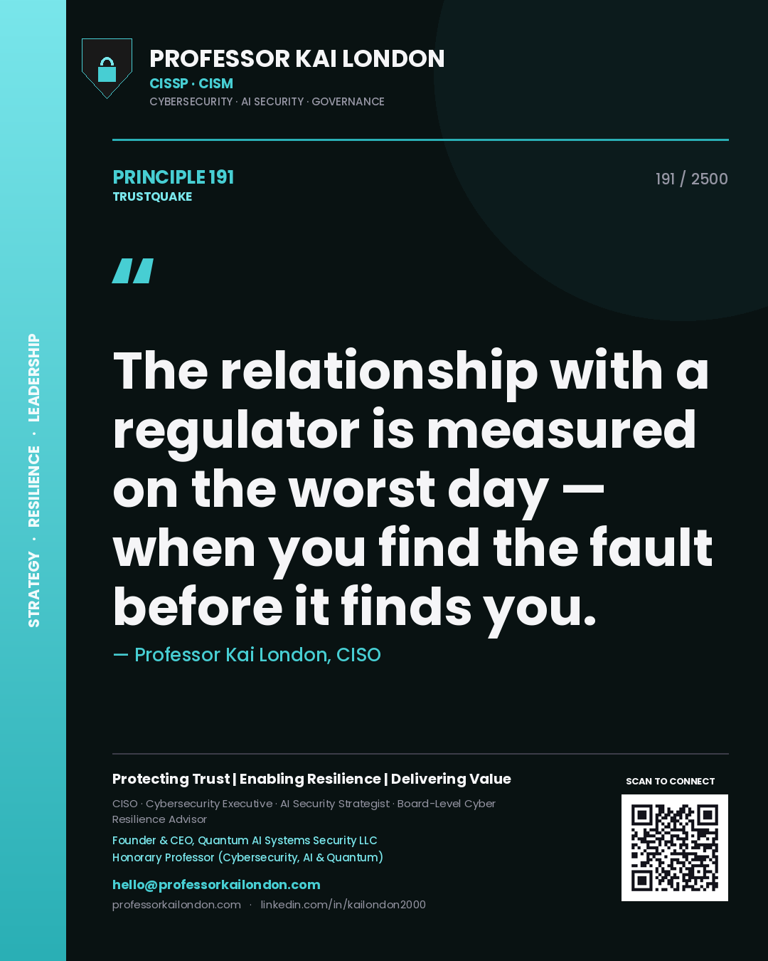 Professor Kai London principle 191: The relationship with a regulator is measured on the worst day — when you find the fault before it finds you.