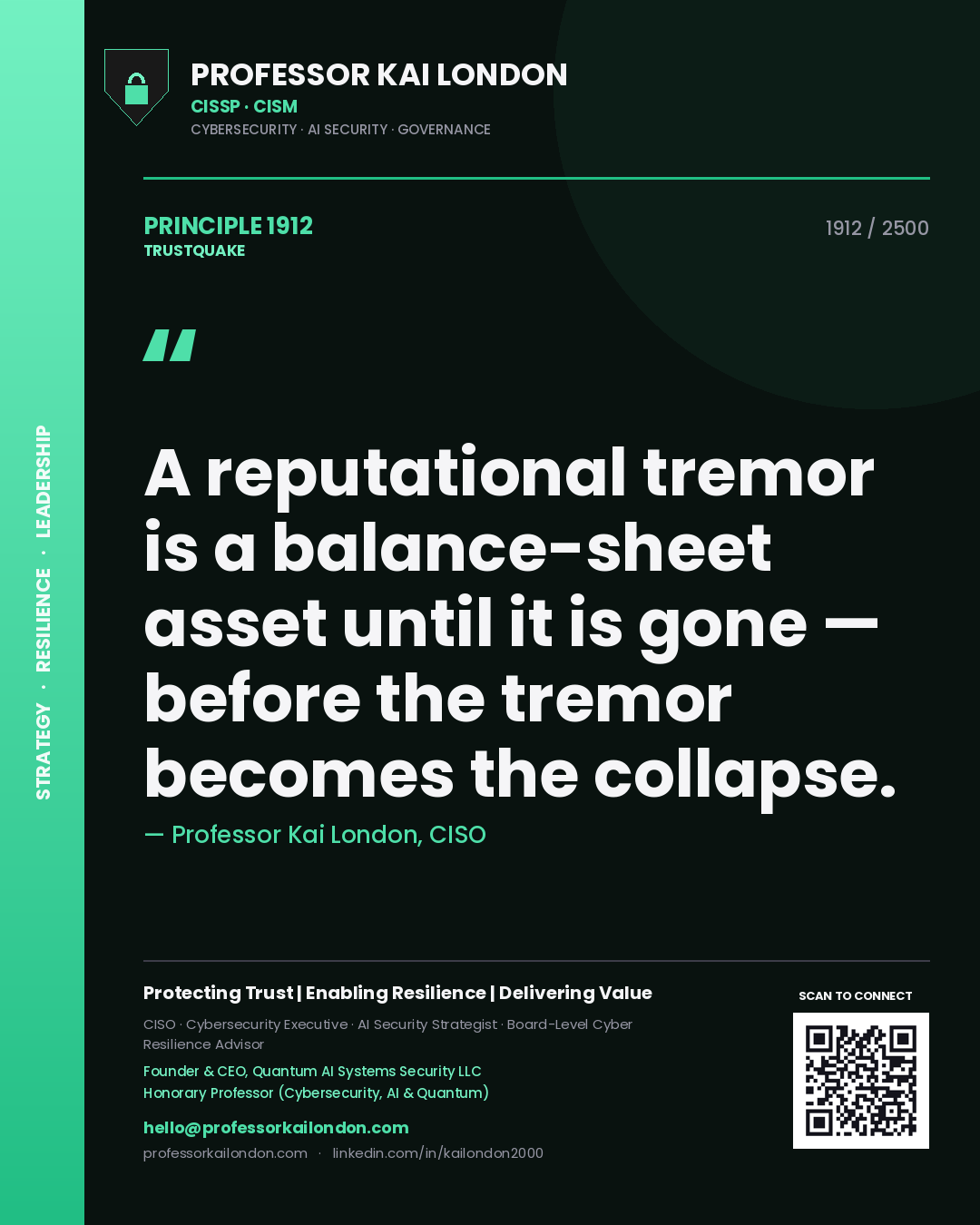 Quote card by Professor Kai London reading 'A reputational tremor is a balance-sheet asset until it is gone — before the tremor becomes the collapse.'. From the book Trustquake.