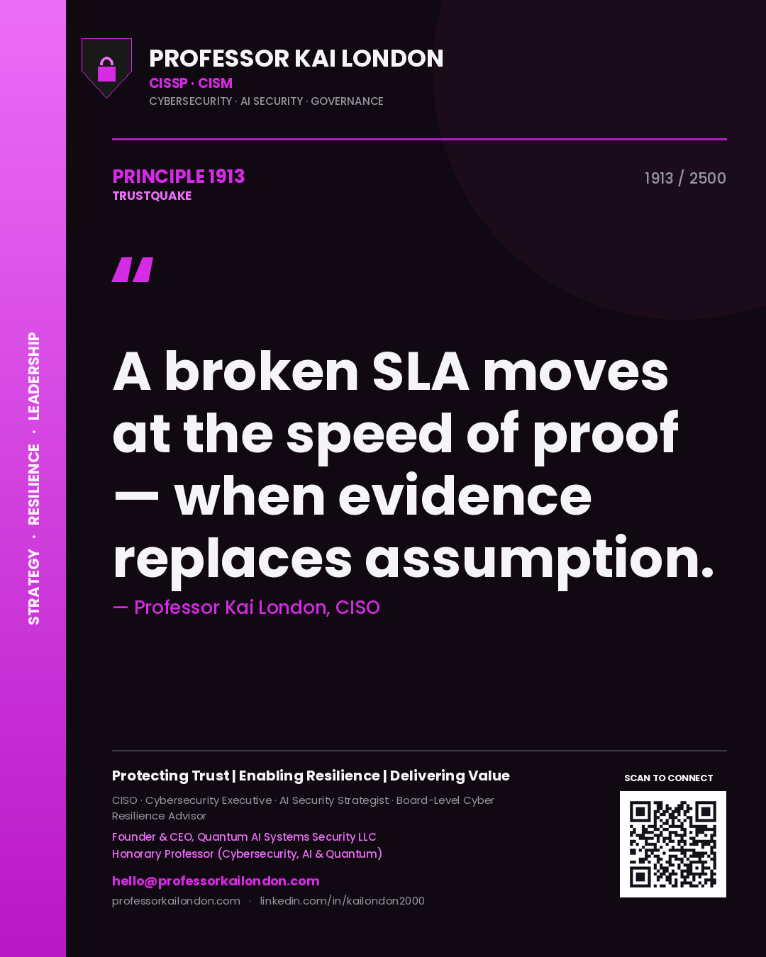 Quote card by Professor Kai London reading 'A broken SLA moves at the speed of proof — when evidence replaces assumption.'. From the book Trustquake.