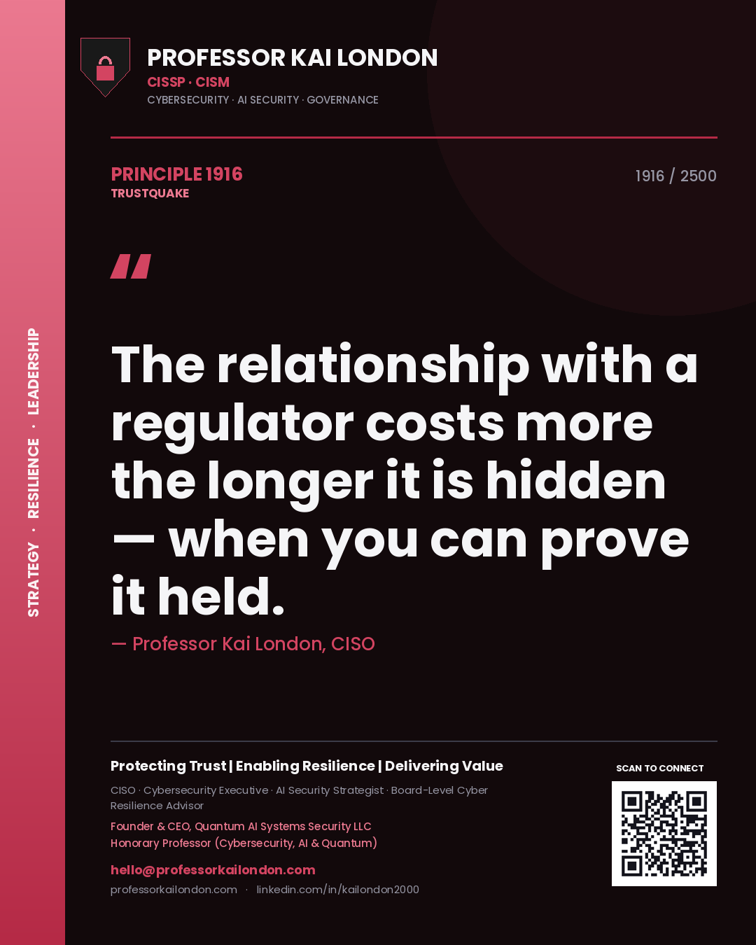 Professor Kai London principle 1916: The relationship with a regulator costs more the longer it is hidden — when you can prove it held.