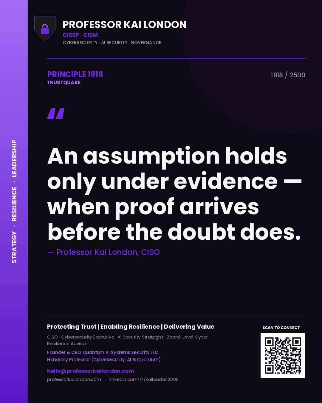 Quote card by Professor Kai London reading 'An assumption holds only under evidence — when proof arrives before the doubt does.'. From the book Trustquake.
