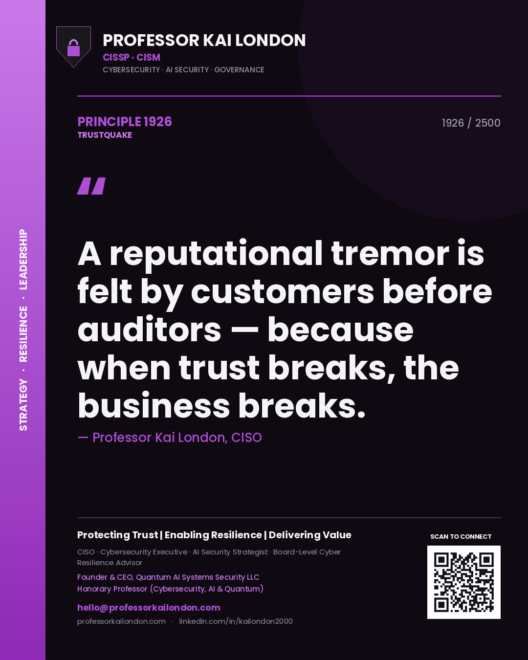 Quote card by Professor Kai London reading 'A reputational tremor is felt by customers before auditors — because when trust breaks, the business breaks.'. From the book Trustquake.