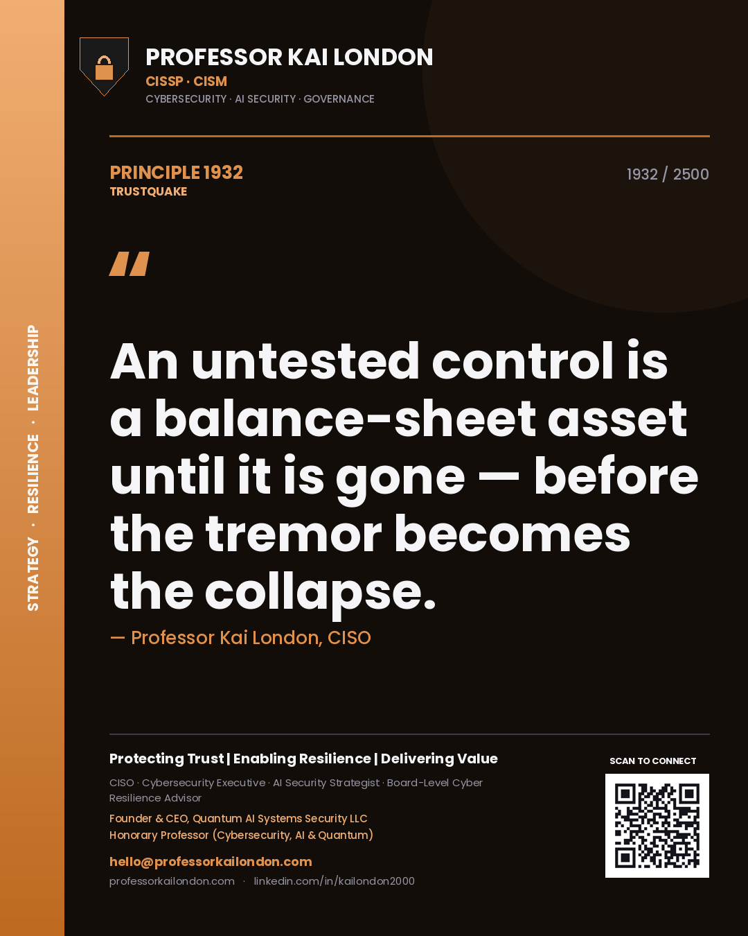 Quote card by Professor Kai London reading 'An untested control is a balance-sheet asset until it is gone — before the tremor becomes the collapse.'. From the book Trustquake.