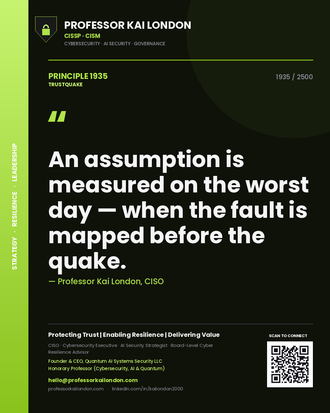 Quote card by Professor Kai London reading 'An assumption is measured on the worst day — when the fault is mapped before the quake.'. From the book Trustquake.