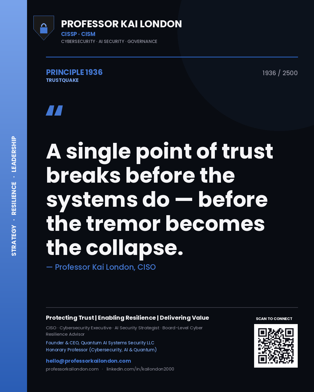 Quote card by Professor Kai London reading 'A single point of trust breaks before the systems do — before the tremor becomes the collapse.'. From the book Trustquake.