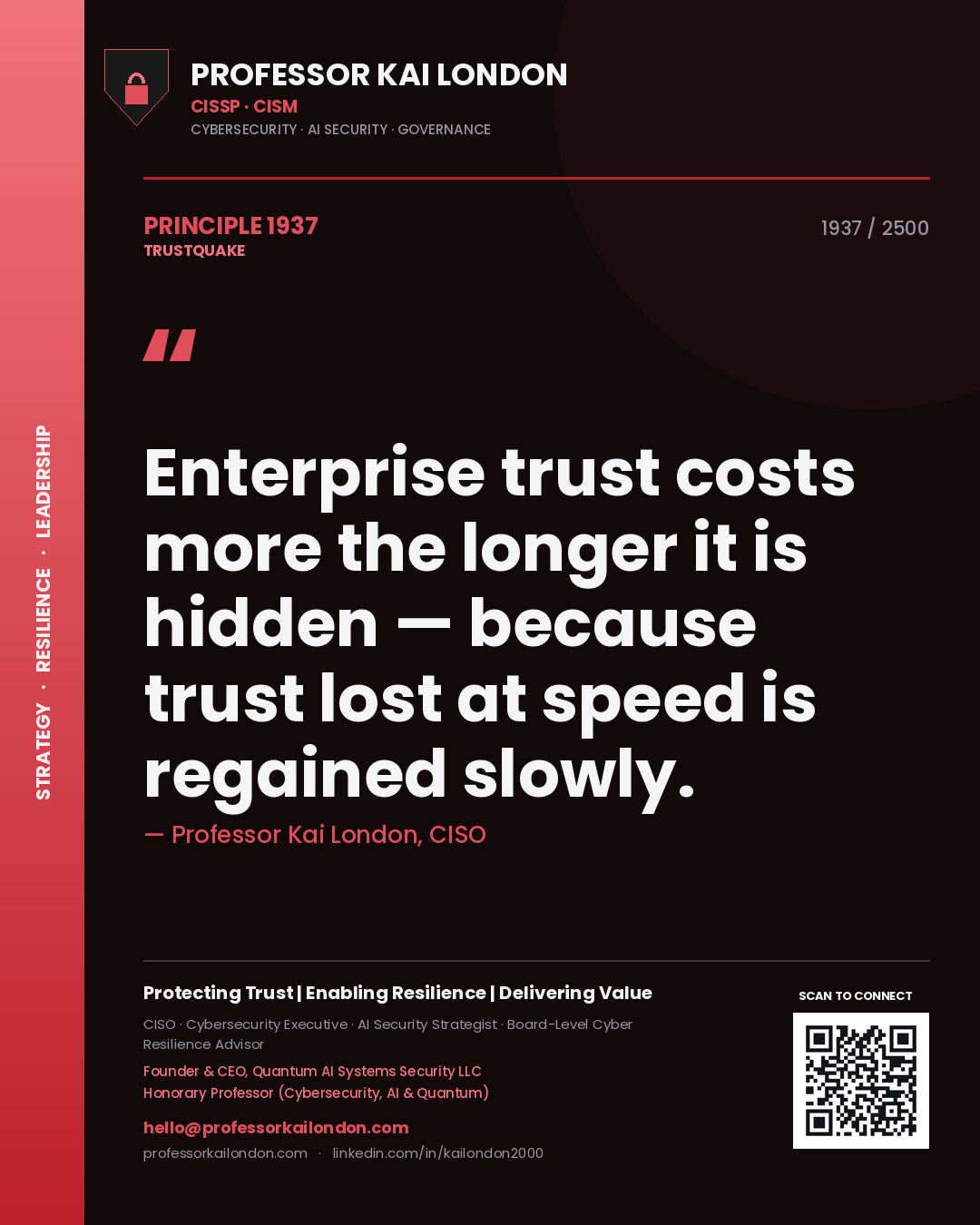 Quote card by Professor Kai London reading 'Enterprise trust costs more the longer it is hidden — because trust lost at speed is regained slowly.'. From the book Trustquake.