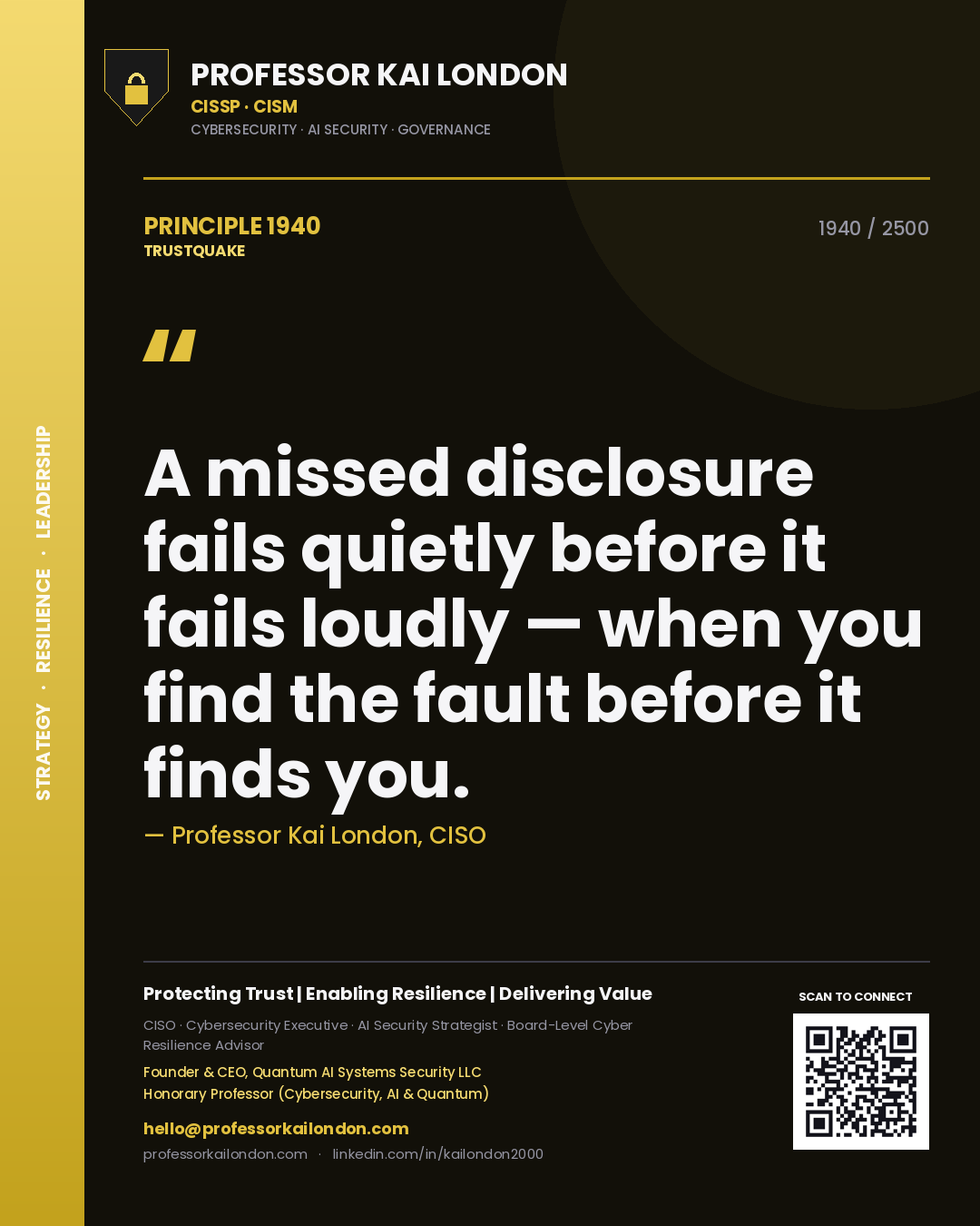 Quote card by Professor Kai London reading 'A missed disclosure fails quietly before it fails loudly — when you find the fault before it finds you.'. From the book Trustquake.