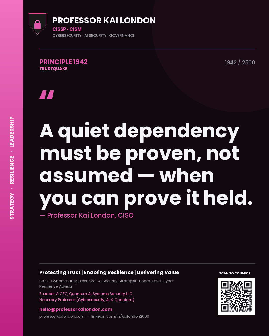 Quote card by Professor Kai London reading 'A quiet dependency must be proven, not assumed — when you can prove it held.'. From the book Trustquake.