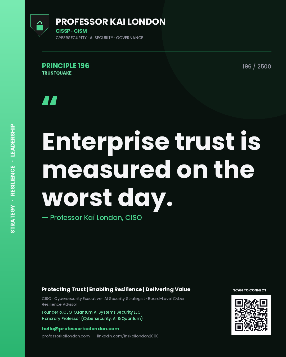 Quote card by Professor Kai London reading 'Enterprise trust is measured on the worst day.'. From the book Trustquake.