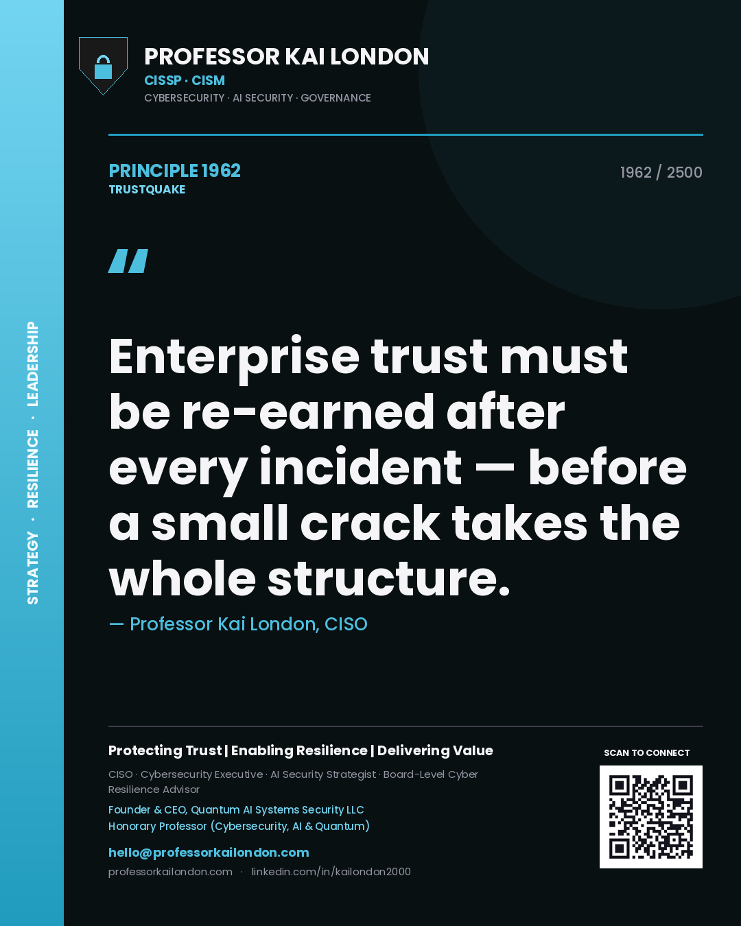 Quote card by Professor Kai London reading 'Enterprise trust must be re-earned after every incident — before a small crack takes the whole structure.'. From the book Trustquake.