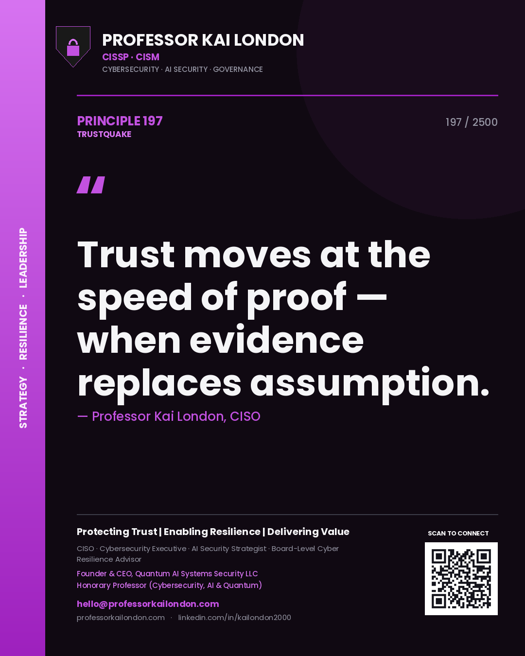 Quote card by Professor Kai London reading 'Trust moves at the speed of proof — when evidence replaces assumption.'. From the book Trustquake.
