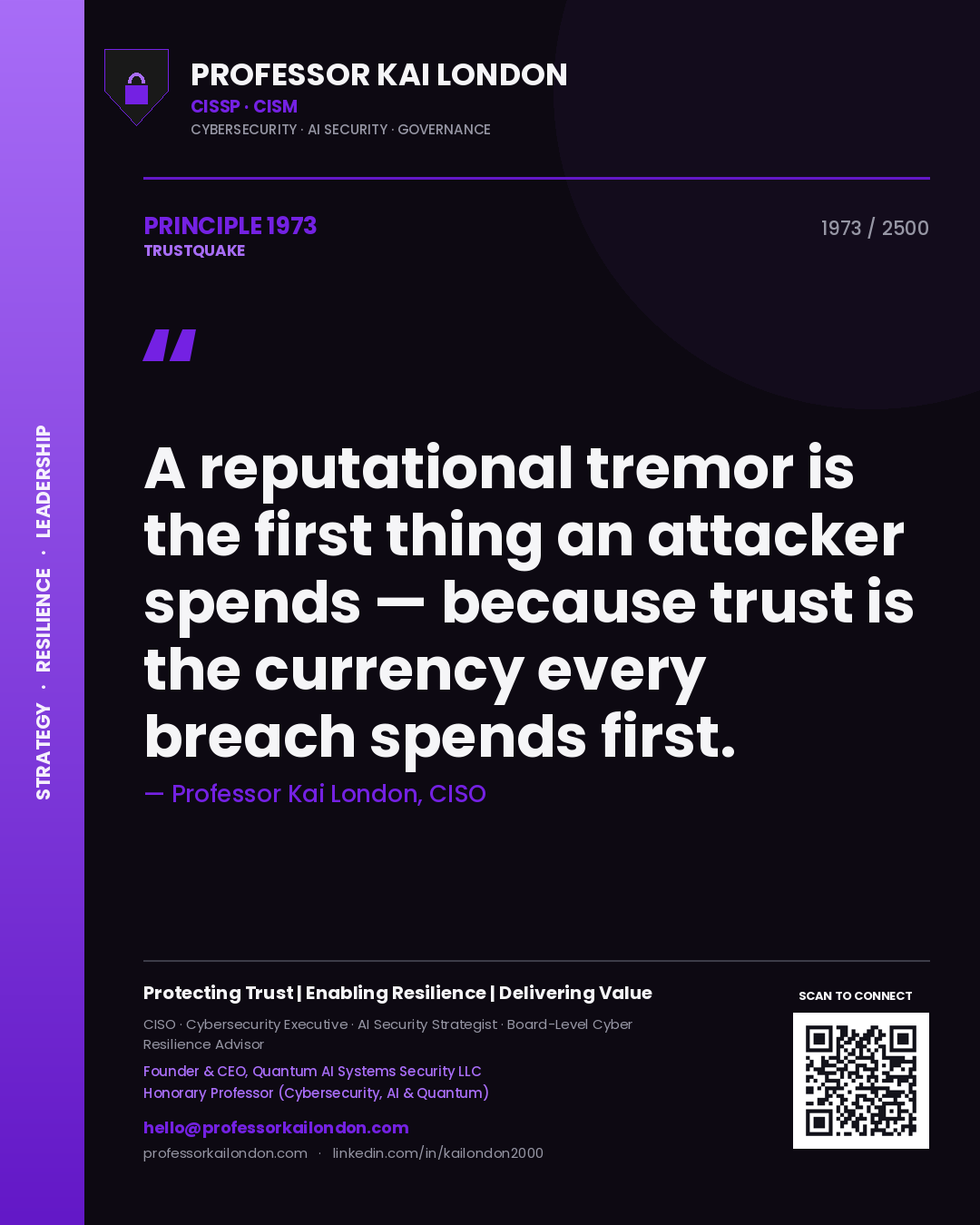 Quote card by Professor Kai London reading 'A reputational tremor is the first thing an attacker spends — because trust is the currency every breach spends first.'. From the book Trustquake.